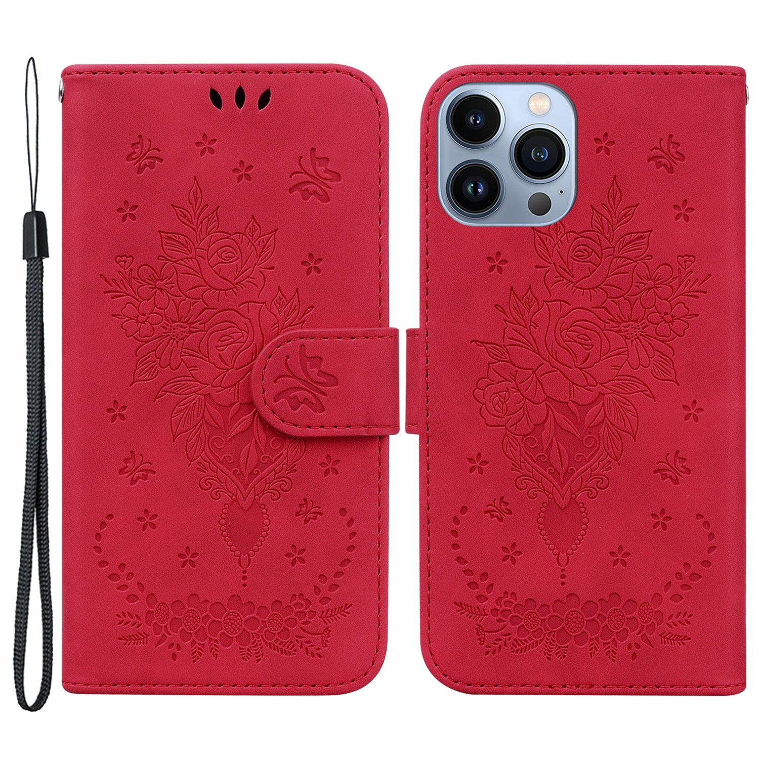 Til iPhone 15 Pro Max Stand Phone Shell Rose Butterfly tegnet etui PU læder telefoncover Til iPhone 15 Pro Max Stand Phone Shell Rose Butterfly tegnet etui PU læder telefoncover